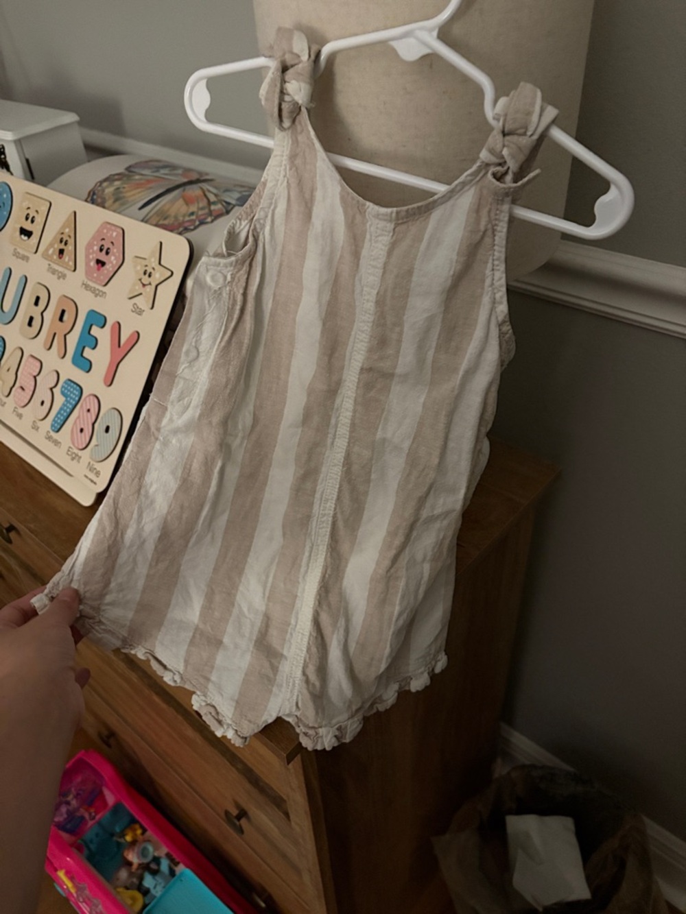 Kids Sleeveless Stripe Tie-Shoulder Romper - Beige & White